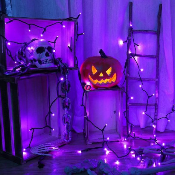 10 m Halloween fényfüzér elemes 100 LED narancs/lila választható