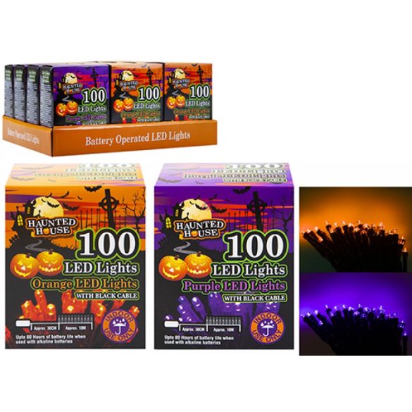 10 m Halloween fényfüzér elemes 100 LED narancs/lila választható