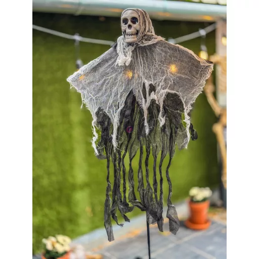 Halloweeni koponyás lidérc fekete ruhában 80 cm kültéri dekor
