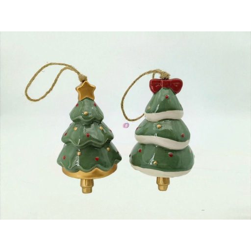 Fenyőfa alakú karácsonyfadísz csengettyű 11 cm kerámia, választható kivitelben