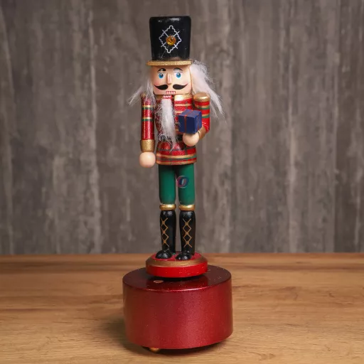 Diótörő zenedobozzal, forgó, zenélő valódi fa 25 cm 2 féle karácsonyi figura