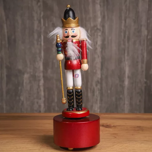 Diótörő zenedobozzal, forgó, zenélő valódi fa 25 cm 2 féle karácsonyi figura