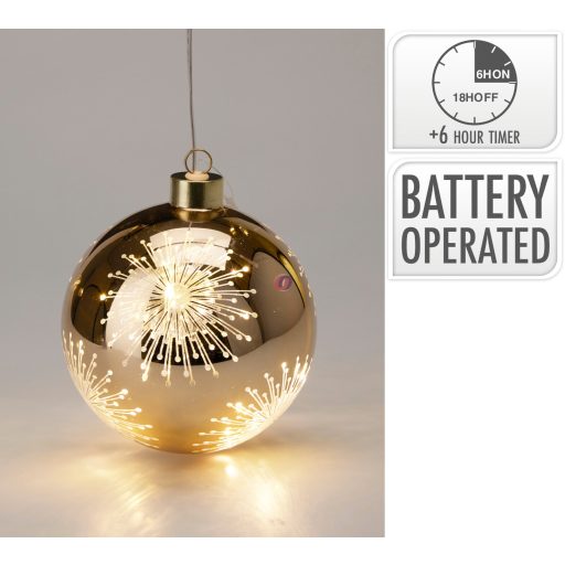 Üveg Karácsonyi Gömb – Csillag Mintával és LED Világítással – Arany, 12 cm