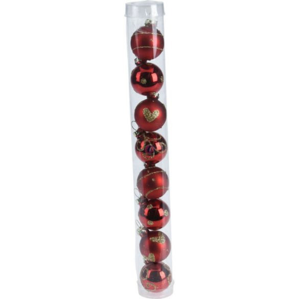 Exkluzív piros, mintás üveg karácsonyfagömb szett, 3 cm 8 db-os