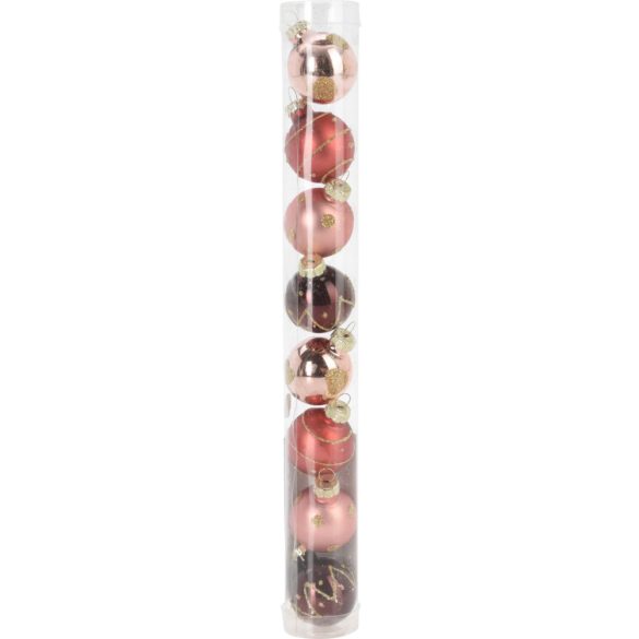 Exkluzív rózsaszín/burgundy üveg karácsonyfagömb szett 3 cm 8 db-os