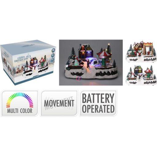 Karácsonyi LED-es házikó mozgó elemekkel – Mikulás és szán 31,5 cm