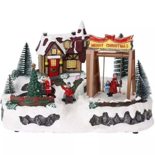 Karácsonyi LED-es házikó mozgó elemekkel – Mikulás és szán 31,5 cm