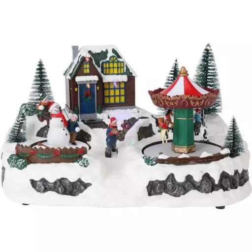 Karácsonyi LED-es házikó mozgó elemekkel – Mikulás és szán 31,5 cm