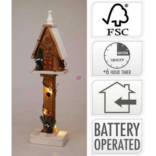 Fából készült világító házikó 55 cm – tobozzal és bogyóval díszítve