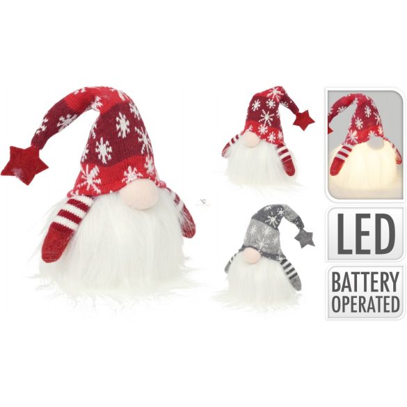 Karácsonyi Manó 28cm 2 féle textil piros, szürke színben LED világítással