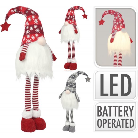 Karácsonyi Manó 90cm 2 féle textil piros, szürke színben LED világítással