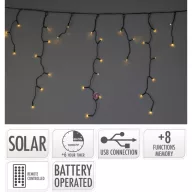   240 LED-es melegfehér napelemes jégcsap fényfüzér USB-vel, akkumulátorral, távirányítóval