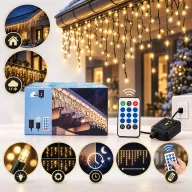   Hibrid Jégcsap fényfüzér 480 LED-es melegfehér, Usb-vel tölthető, napelemes fényfüzér távirányítóval 7,8 m