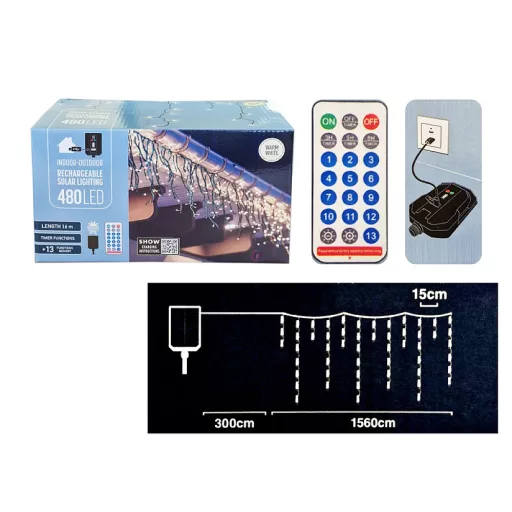 Hibrid Jégcsap fényfüzér 480 LED-es melegfehér, Usb-vel tölthető, napelemes fényfüzér távirányítóval 7,8 m
