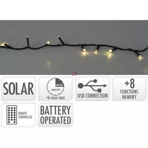 Hibrid Jégcsap fényfüzér 480 LED-es melegfehér, Usb-vel tölthető, napelemes fényfüzér távirányítóval 7,8 m