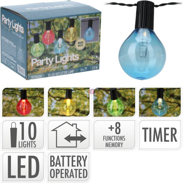 Party fényfüzér 10 LED színes nagy gömbök 2,7 m, kül- és beltéri 8 prg, időzítő