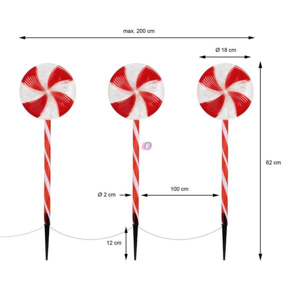 XL 3 db-os  Kültéri leszúrható Tábla nyalóka forma LED, 62 cm IP44 230V Candí cane