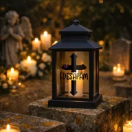   Led lámpás kereszttel, egyedi névvel 17,5 cm, fekete emlékőrző