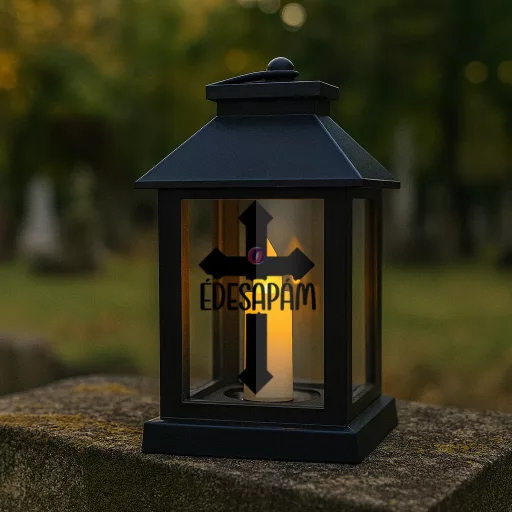 Led lámpás kereszttel, egyedi névvel 17,5 cm, fekete emlékőrző
