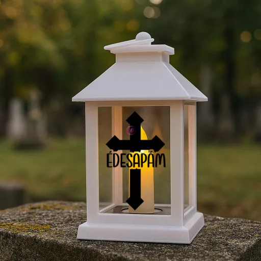 Led lámpás kereszttel, egyedi névvel 17,5 cm, fehér emlékőrző