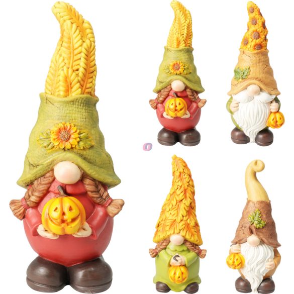 Őszi Manó Tököt Tartva – 30 cm – 4 Féle Polyresin Design