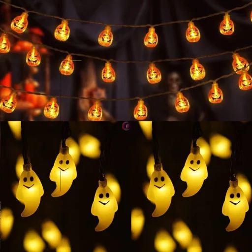 Halloweeni tökös, szellemes fényfüzér elemes 10 LED 1,2 m 2xAA 4 féle