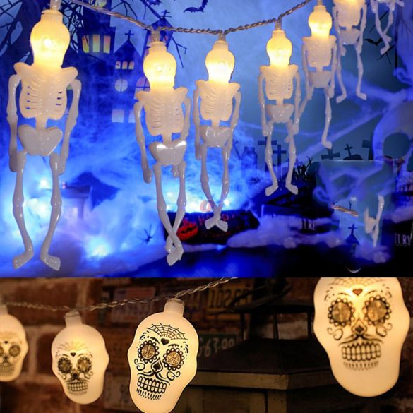Halloweeni csontváz/koponya fényfüzér elemes 10 LED 1,2 m 2xAA