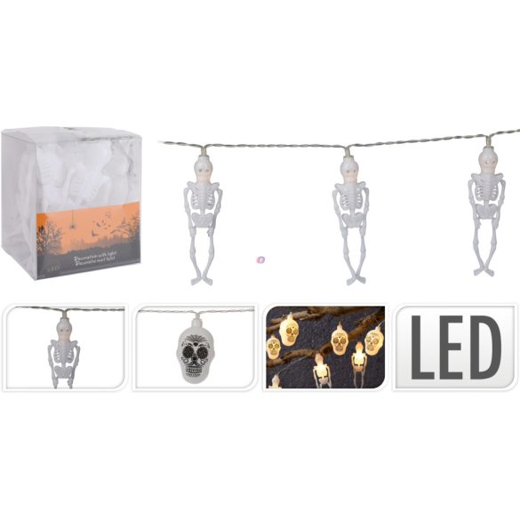 Halloweeni csontváz/koponya fényfüzér elemes 10 LED 1,2 m 2xAA