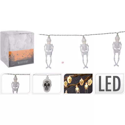 Halloweeni csontváz/koponya fényfüzér elemes 10 LED 1,2 m 2xAA