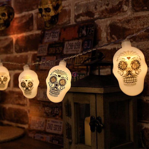 Halloweeni csontváz/koponya fényfüzér elemes 10 LED 1,2 m 2xAA