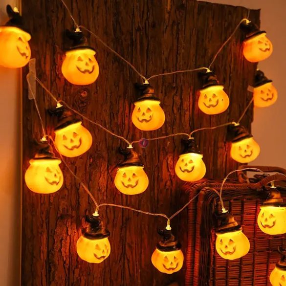 XL Halloweeni tökfejes fényfüzér elemes 10 LED 1,2 m 2xAA 2 féle