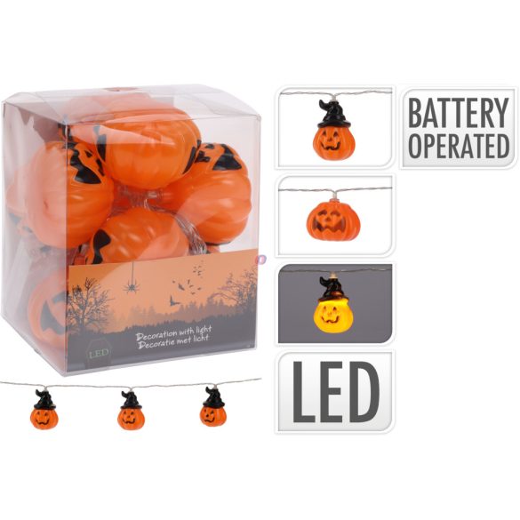 XL Halloweeni tökfejes fényfüzér elemes 10 LED 1,2 m 2xAA 2 féle