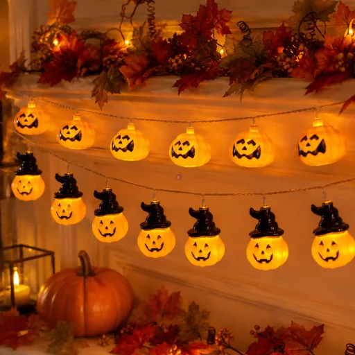 XL Halloweeni tökfejes fényfüzér elemes 10 LED 1,2 m 2xAA 2 féle