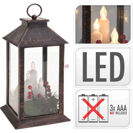 Karácsonyi LED Lámpás Réz Patinával – Melegfehér Gyertya Fénnyel 30 cm