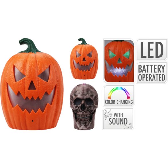 Halloweeni Interaktív figura 30 cm tök/ koponya LED, Hang