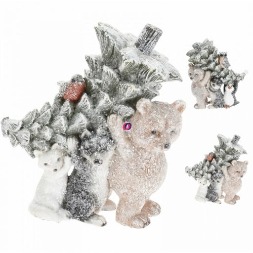 Karácsonyi állatfigurák fenyővel  17 cm poly 2 féle választható kivitel