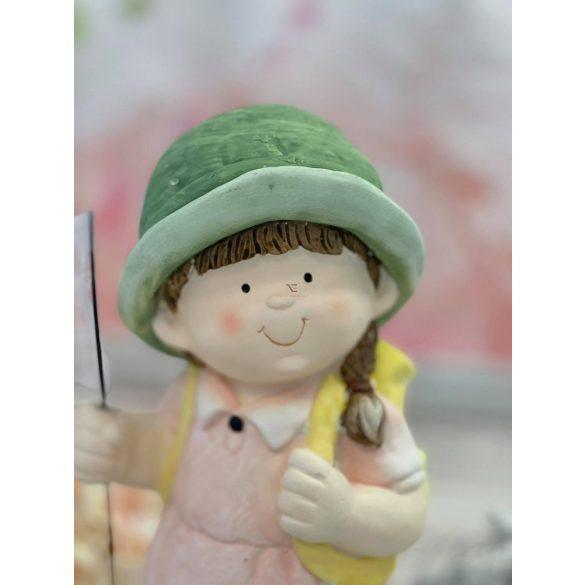 Kerti figura kisfiú, kislány lepkefogóval pasztel 43 cm