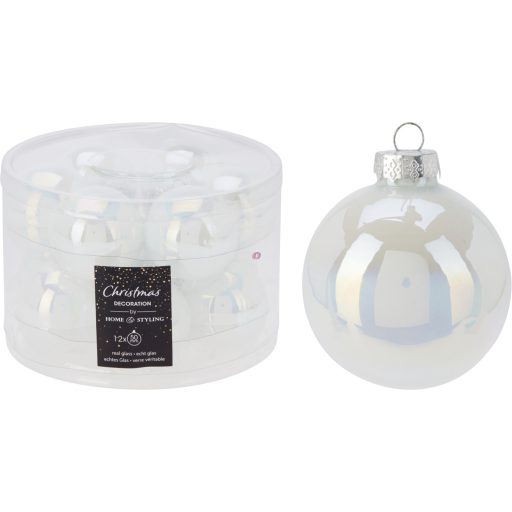 Prémium üveg fehér karácsonyfagömb 5 cm 12 db-os gyöngyház
