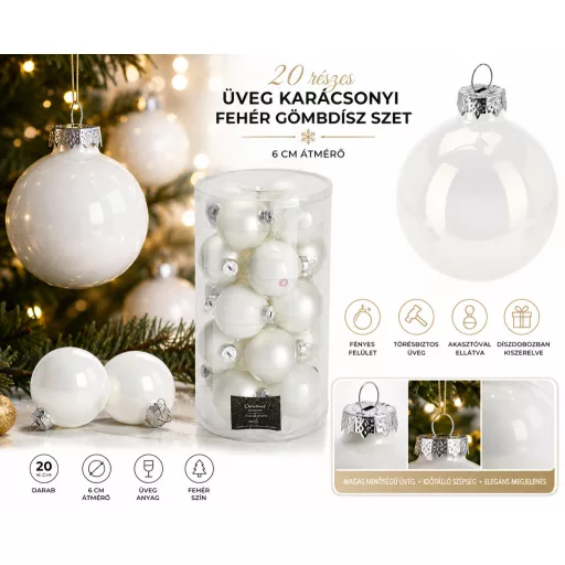 20 részes üveg karácsonyi fehér gömbdísz szet, 6 cm