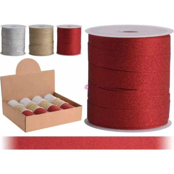 Csillámos Dekor Szalag – 10 mm × 10 m (arany, ezüst, piros)