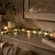   Őszi borostyánlevél fényfüzér, 2 méter, 20 db melegfehér micro LED, időzítő, elemes tápellátás, beltéri kivitel