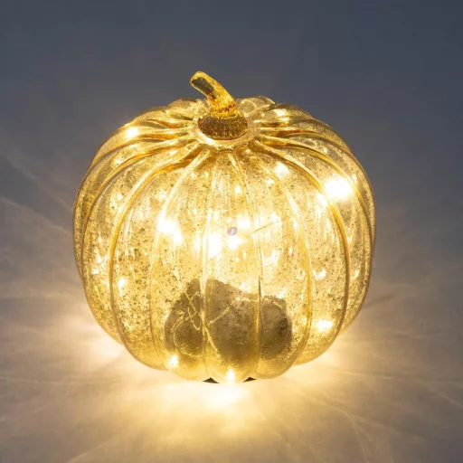Őszi üveg tök dekoráció, 16 cm, 15 db melegfehér micro LED, időzítő, elemes tápellátás, beltéri kivitel