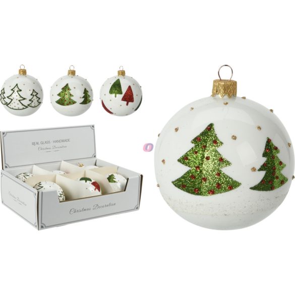 XL Kézműves Fehér karácsonyfagömb szett üveg, kézzel festett 10 cm 6 db-os