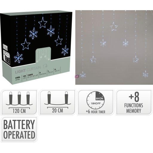 LED-es Girland ablakdísz csillagok és hópelyhek, hidegfehér, timer, 120 led, 1,2 m