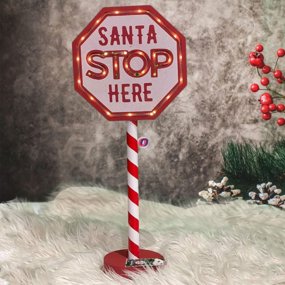 Mikulásjelző tábla "Santa Stop Here" piros/fehér 62 cm LED világítással