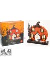 Halloween Tök Házikó Meleg Fényű LED Világítással – Fa Dekoráció (22,5 cm)