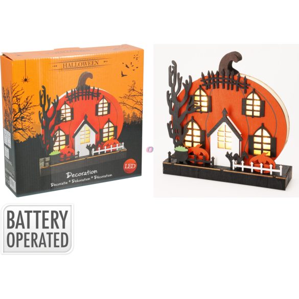 Halloween Tök Házikó Meleg Fényű LED Világítással – Fa Dekoráció (22,5 cm)