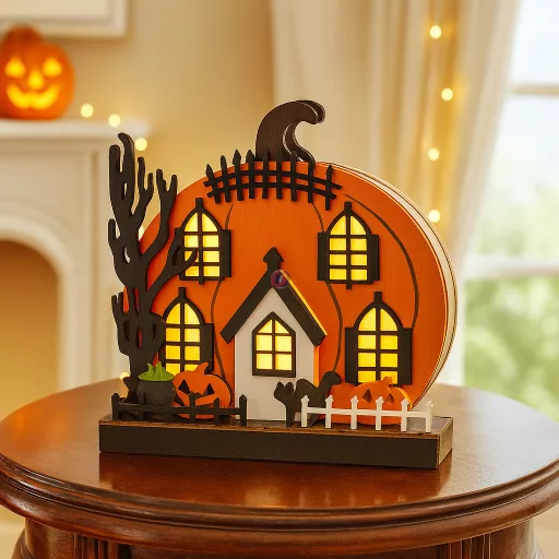 Halloween Tök Házikó Meleg Fényű LED Világítással – Fa Dekoráció (22,5 cm)