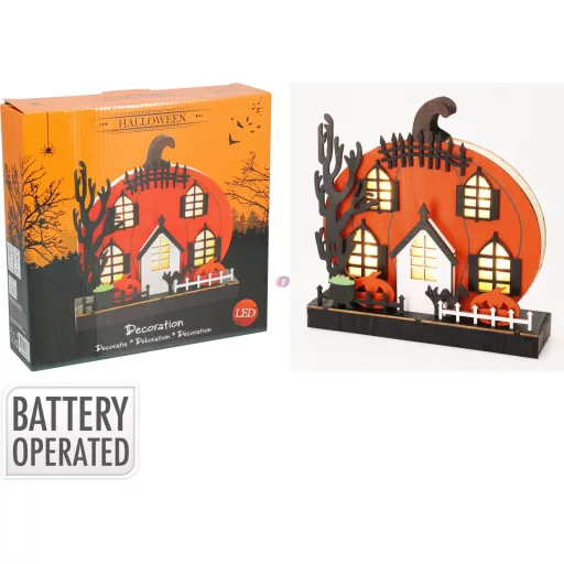 Halloween Tök Házikó Meleg Fényű LED Világítással – Fa Dekoráció (22,5 cm)