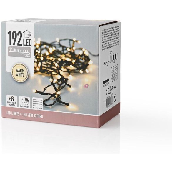 14,5m LED fényfűzér melegfehér kültéri elemes, timer, 8 program, IP44